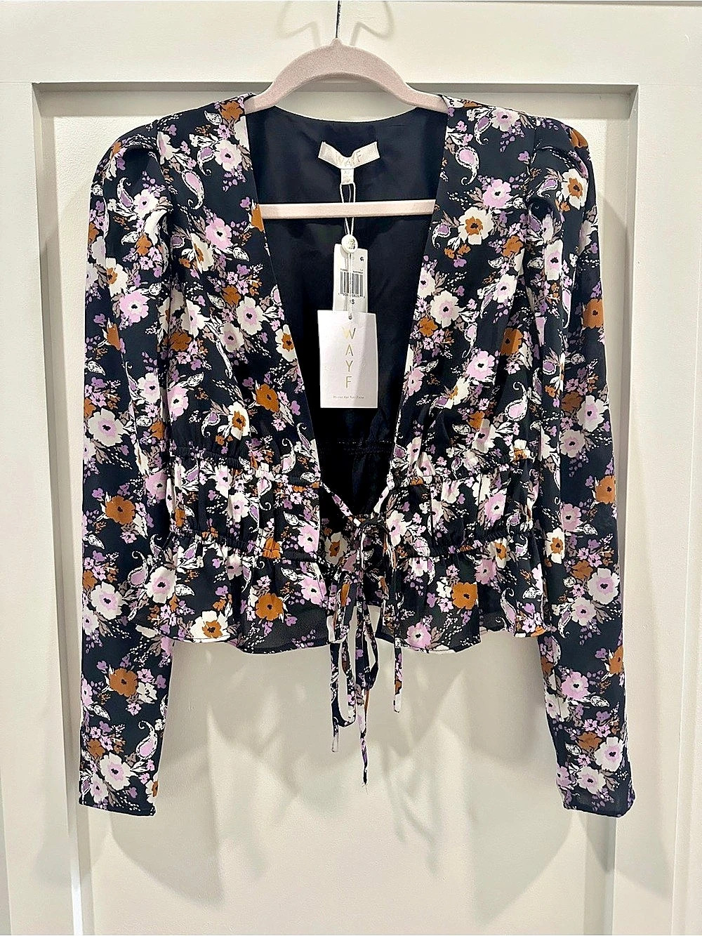 WAYF Sammie Floral Tie-Front Blouse Black Paisley XS NWT